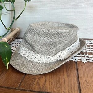 Altard State Tan Burlap Fedora Hat with White Crochet Lace Trim Boho Style